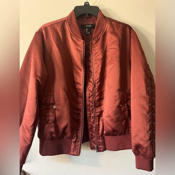 Forever 21 maroon satin bomber jacket with lace up sleeves - Picture 2 of 12